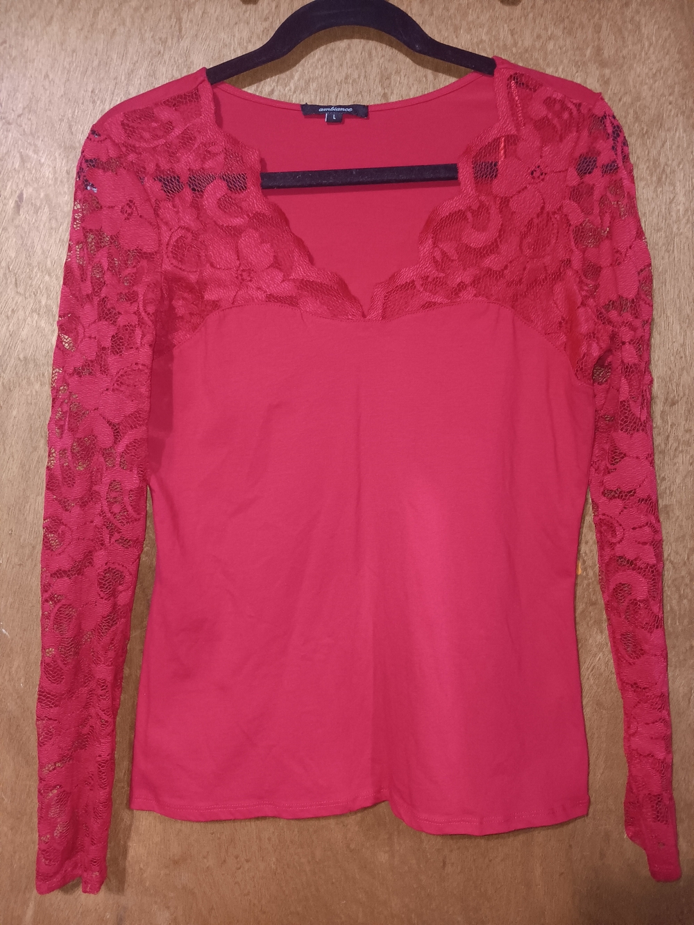 Ambiance Red Lace Yoke Long-Sleeve Tee